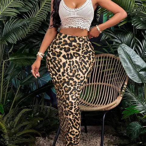 Women's Elegant Leopard Print Mermaid Dress, Long Sleeve Maxi Skirt, Casual Party Wear, Summer Fashion, Comfortable and Stylish, Womenswear, Elegance