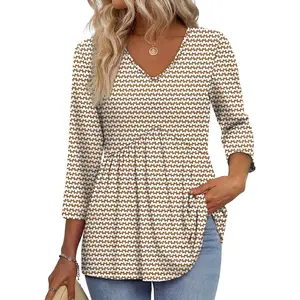 3/4 Length Sleeve Womens Tops 2025 Blouses for Women Dressy Casual Fashion Clothing V Neck Babydoll Tops Fall OutfitsGift