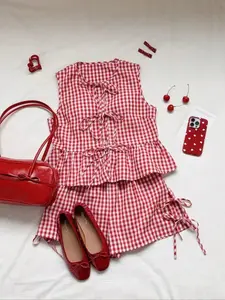 1PCS Gingham Sleeveless Tie-Front Peplum Top + Drawstring Shorts Set, Women's Cute Preppy Style Two-Piece Outfit, Round Neck Sleeveless Ruffle Hem Blouse + Elastic Waist Shorts with Side Ties, Casual & Sweet Summer Outfit for Daily, Date, Picnic & Vacatio