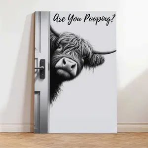 Funny Cow Bathroom Wall Art "Are You Pooping?" Sign, Black & White Highland Cow Farmhouse Decor Poster - Framed or Unframed, Premium Quality Versatile Home Decor