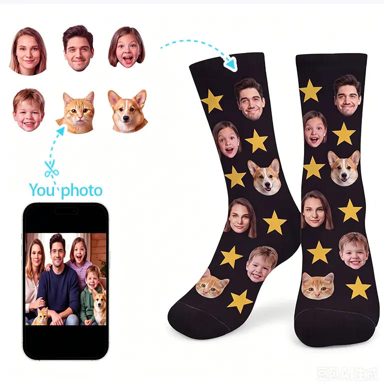 【Custom】Customized face socks, personalized photo socks, mid-calf socks with family and pet avatars, fun and novel customized gift socks for both men and women
