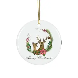 Ceramic Reindeer Christmas Ornament with Full-Color Imprint - Circle/Star/Heart/Oval Shapes
