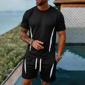 Men’s Waffle Knit 2-Piece Tracksuit Set, Crew Neck Short-Sleeve Top & Drawstring Elastic Shorts, Loose Fit, Refined Texture, High-Quality Stretch Fabric, Trendy Color-Block Stripe Design, Ideal for Outdoor Use