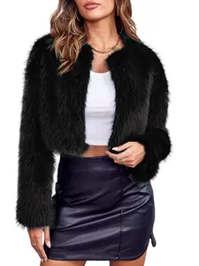 Tankaneo Women's Fashion Cropped Faux Fur Jacket Long Sleeve Open Front Cardigan Casual Fluffy Parka Shaggy Short Coat