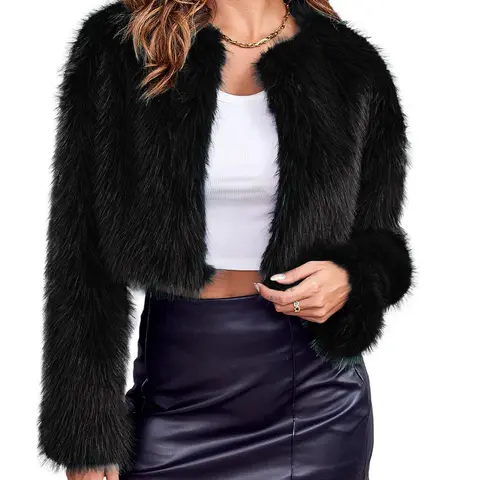 Tankaneo Women's Fashion Cropped Faux Fur Jacket Long Sleeve Open Front Cardigan Casual Fluffy Parka Shaggy Short Coat