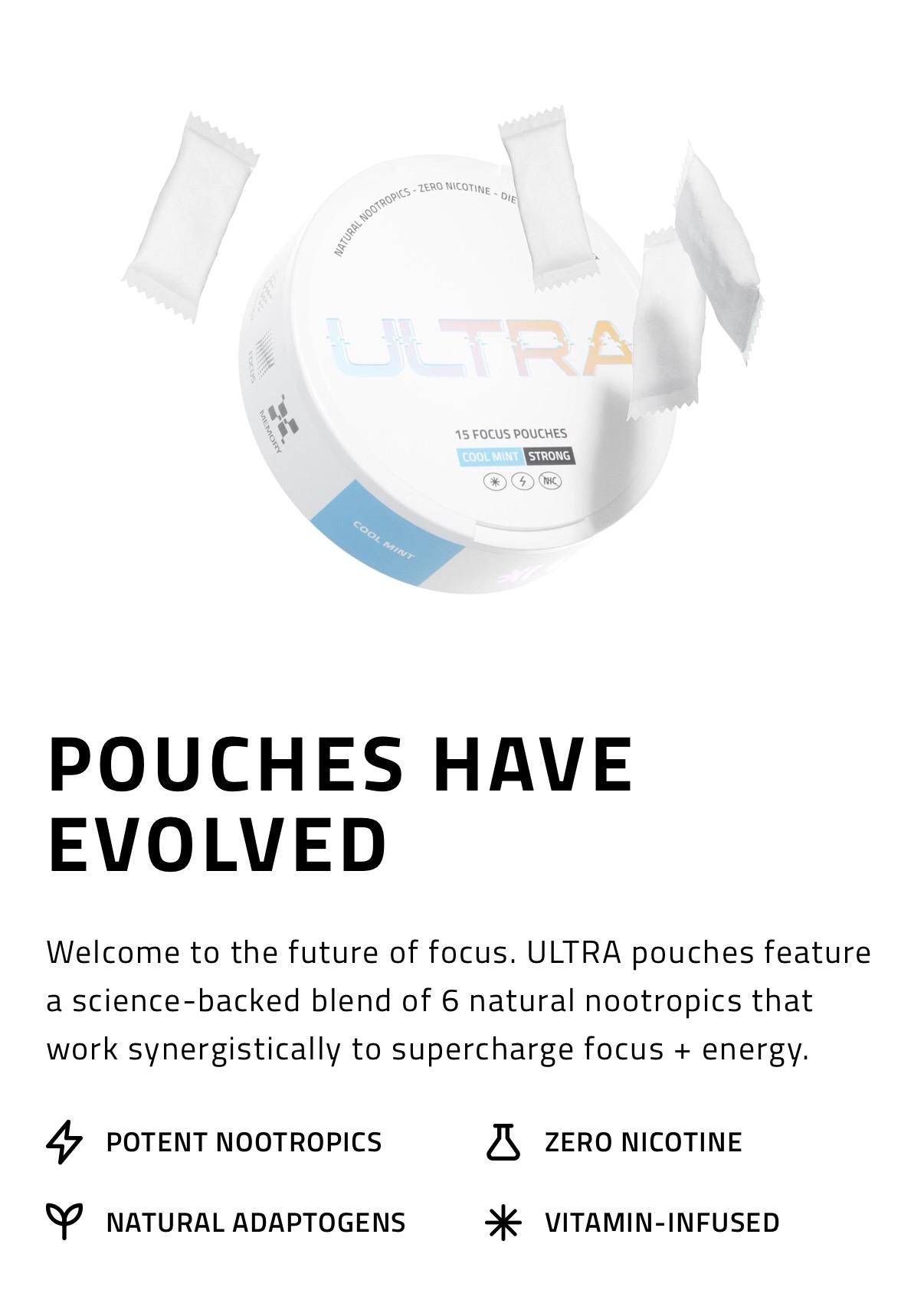 Ultra Focus Pouches (Cool Mint) - Nootropics with 6 Clean Ingredients for Sharp Focus Smooth Energy Enhanced Cognition Nicotine-Free Caffeine-Free No Jitters Crash or Dependency