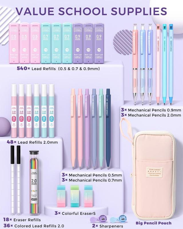 36PCS Aesthetic School Supplies, Mechanical Pencils 0.5mm, 0.7mm, 0.9mm & 2.0mm with 624PCS Lead Refills, Cute Mechanical Pencils for Writing, Drawing & Drafting (Pink)