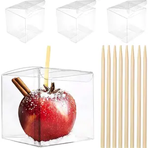 20 Pack Candy Apple Boxes with Sticks Set Plastic Clear Caramel Apple Containers Chocolate Covered Apples Packaging Party Favor Gift Boxes, 4 x 4 x 4 Inch