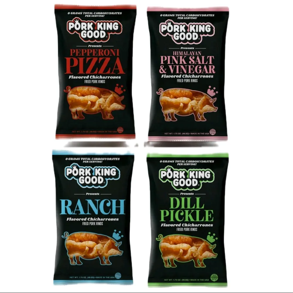pork king good 4-pack pizza, pink salt& vinegar,  ranch, dill pickle