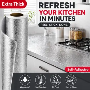 Aluminum Foil Contact Paper Self Adhesive Kitchen Countertop Cover, Waterproof Oil Proof Heat Resistant Peel and Stick Shelf Liner
