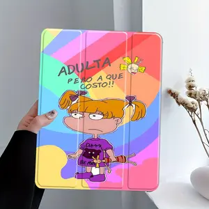 Cute Retro Cartoon Girl Tablet Case, Rainbow Gradient Print Protective Cover Auto Wake/sleep,Anti-Drop Scratch-Resistant,Transparent Acrylic Back,Fits iPad 7.9/8.3/10.2/10.5/10.9/11/12.9 13 inch,Shock-resistant Full Cover Protective Case Ideal for Office