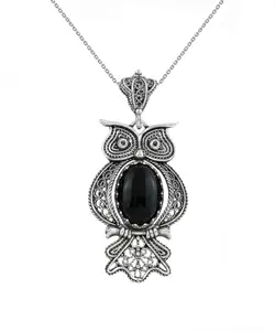Filigree Art Owl Figured Black Onyx Gemstone Women Silver Pendant Necklace