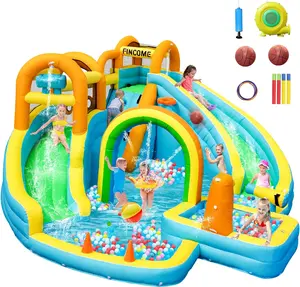 【On Sale】Inflatable Water Slide, Bounce House with Water Slides for Kids Backyard, Blow Up Water Park Bouncy House with 2 Waterslide, Splash Pool & Water Cannon for Backyard, Outdoor, Indoor