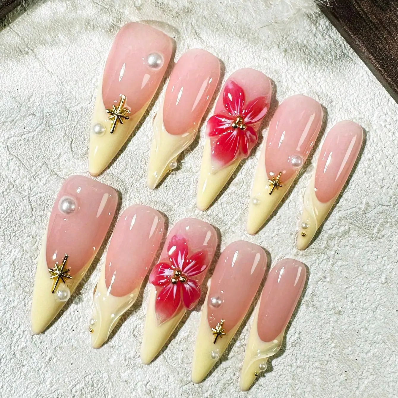 10 pcs Handmade Press on Nails 3D Floral Yellow French Tips, Stelitto Nails, Y2K Baddie Style, Nude And Yellow Color with French Tips, Floral And Red Floral Design, Suitable for Women, Includes Tools Acrylic nails,Spring Summer nails