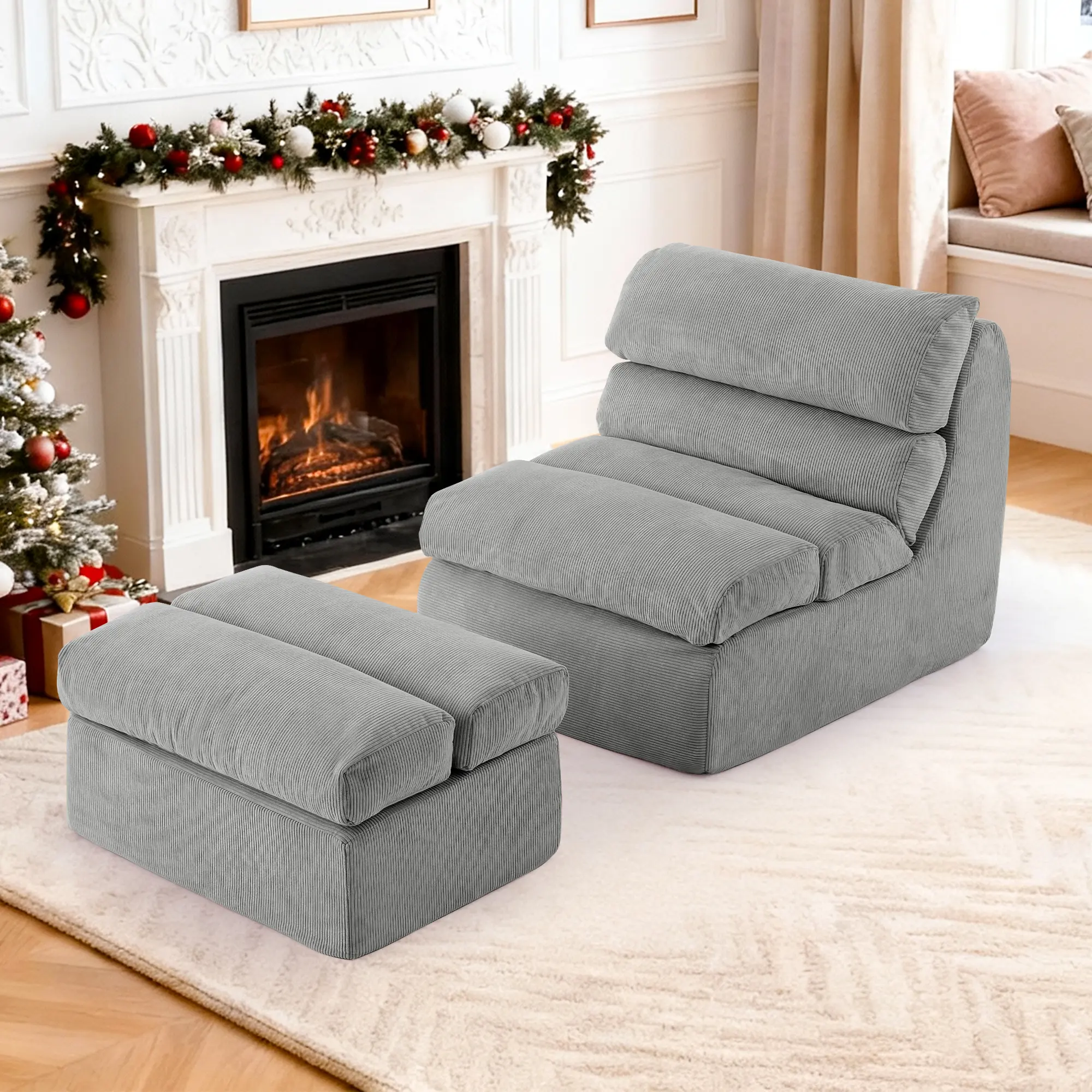 Korser Modern Curved Striped Look Corduroy Armless Single Seat Floor Sofa Ottoman Combo, Fully Assembled Backrest, Cushion, Multifunctional Lounger for Adults, Living Room Furniture, 34.7x31.9x31.5"