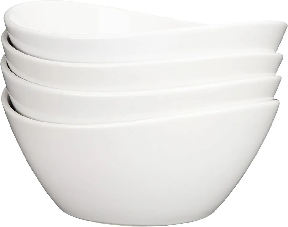 GARVEE White Porcelain Serving Bowls 20 cm - Set of 4 sturdy oval bowls with 1.25 L capacity for kitchen and ramen, made of chip-resistant ceramic - Dishwasher and microwave safe