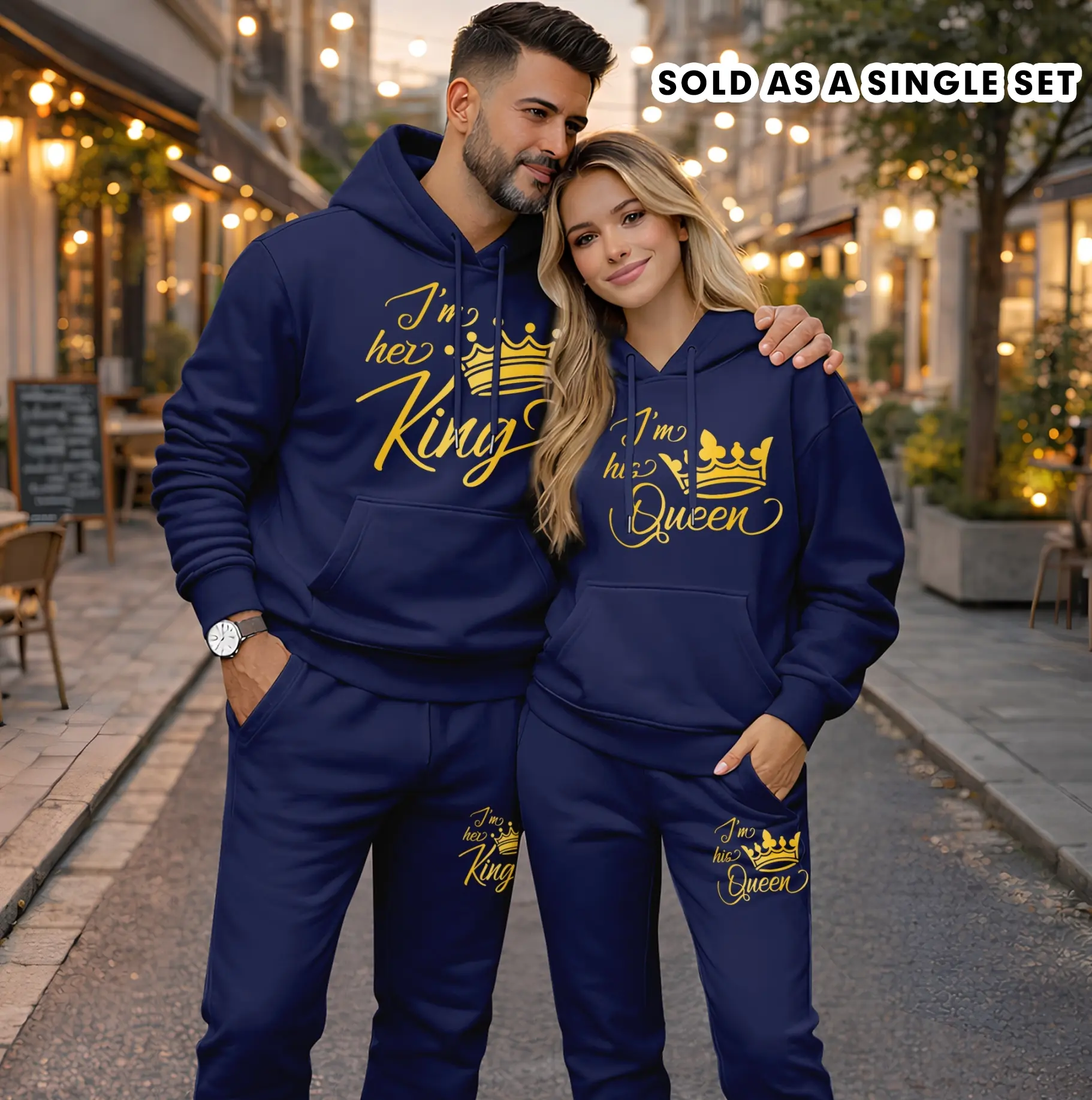 Men's 2-Piece Workout Set - Longsleeve Polyester Minimalist King & Queen Print Hooded Sweatshirt, Drawstring Pants, Cozy OOTD Athletic Tracksuits for Autumn Winter Casual Wear, 2 Piece Sets, Activewear
