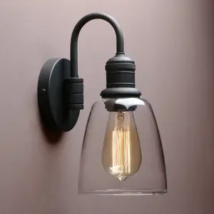 1-Light Vintage Wall Sconce, Black Industrial Fixture Light with Elegant Gooseneck Curved Rod, Indoor Clear Glass Shade Wall Lamp Lighting for Bathroom Porch Kitchen Living Room Restaurant