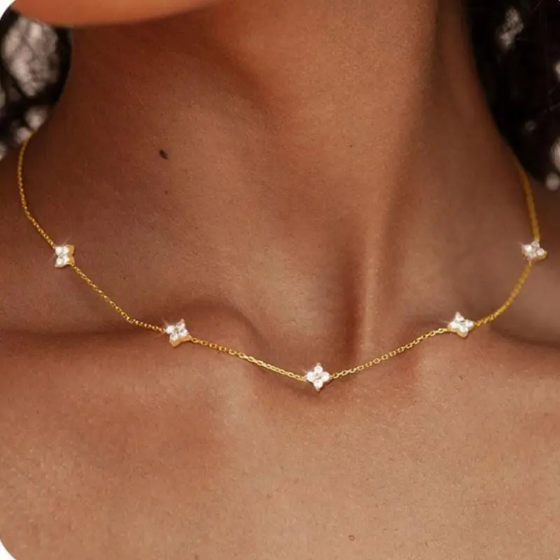 Fashion Four-leaf Flower Inlaid Zircon Chain Necklace for Women Elegant Luckly Choker Neck Party Jewelry Birthday Gifts