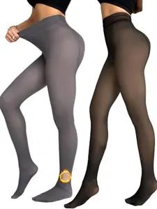 Women's Winter Warm Jumpsuit, Transparent Tight Stockings, 200g Fleece Lined Footed Pantyhose, High Waist Thick Bottoms, Casual Fall & Winter