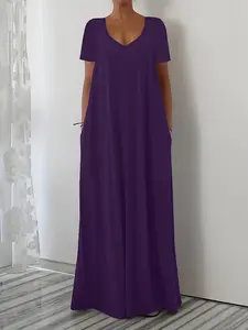 Summer Home Commute Fashion V-Neck Solid Color Short Sleeve Dress for Women, Stylish Casual Wear, Perfect for Daily