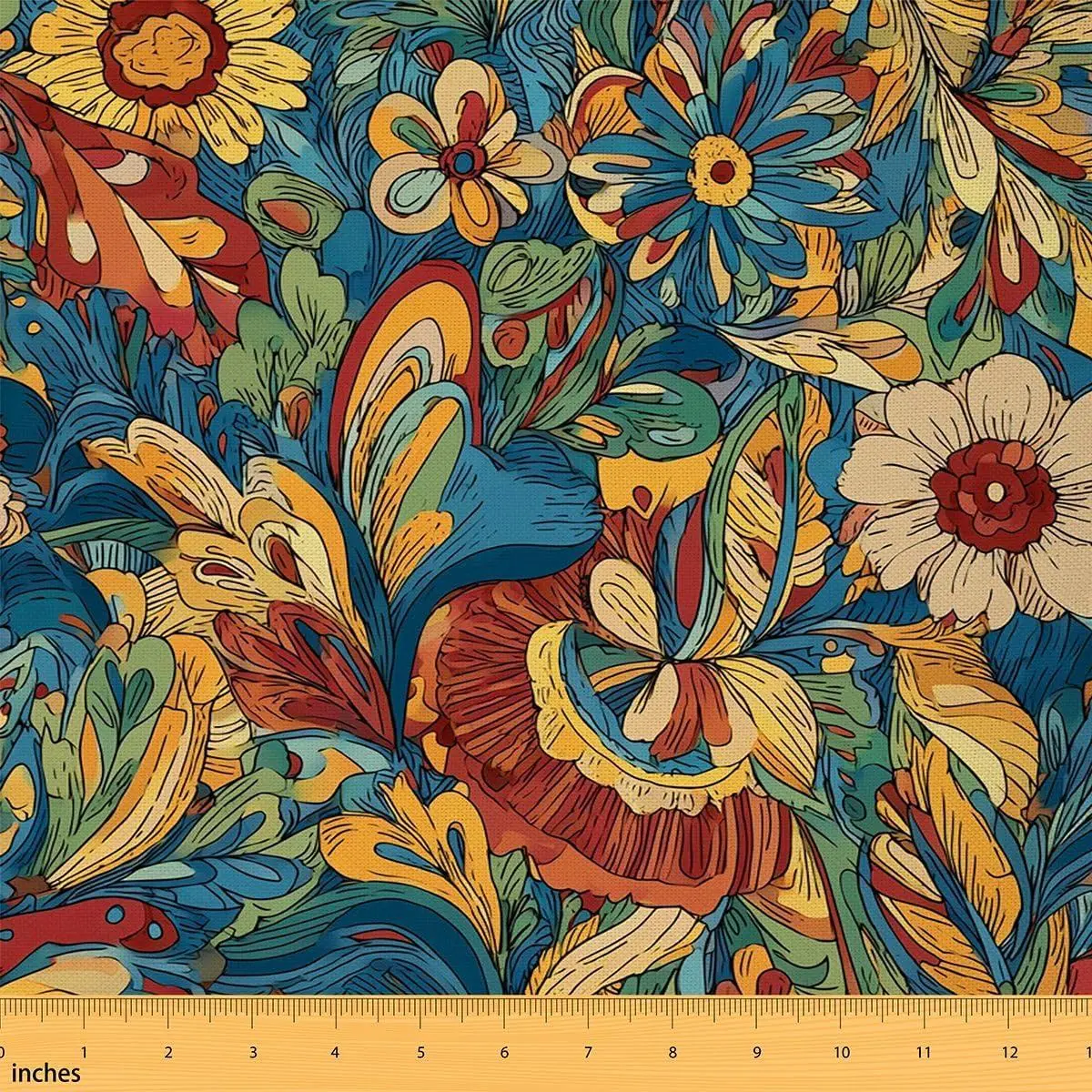 Abstract Fabric,Green Blue Yellow Upholstery Fabric,Boho Botanical Geometric Abstract Decorative Fabric,Tribal Ethnic Bright-Coloured Floral Indoor Outdoor Fabric