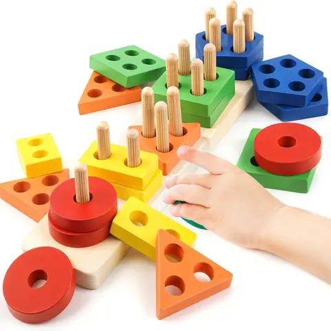 Montessori Toys for 1 to 3-Year-Old Boys Girls Toddlers, Wooden Sorting & Stacking Toys for Toddlers and Kids Preschool, Educational Color Recognition Shape Sorter, Learning Puzzles Gift