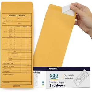 Volcora 500 Cashier Envelopes, Cash Deposit Envelopes, Self Adhesive Cash Envelopes, Money Envelopes, Brown Kraft Bank Deposit Slips for Retailers, Restaurants, Small Businesses, Stores