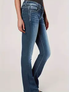 Women Mid Rise Stretchy Criss Cross Graphic Curvy Bell Bottom Jeans