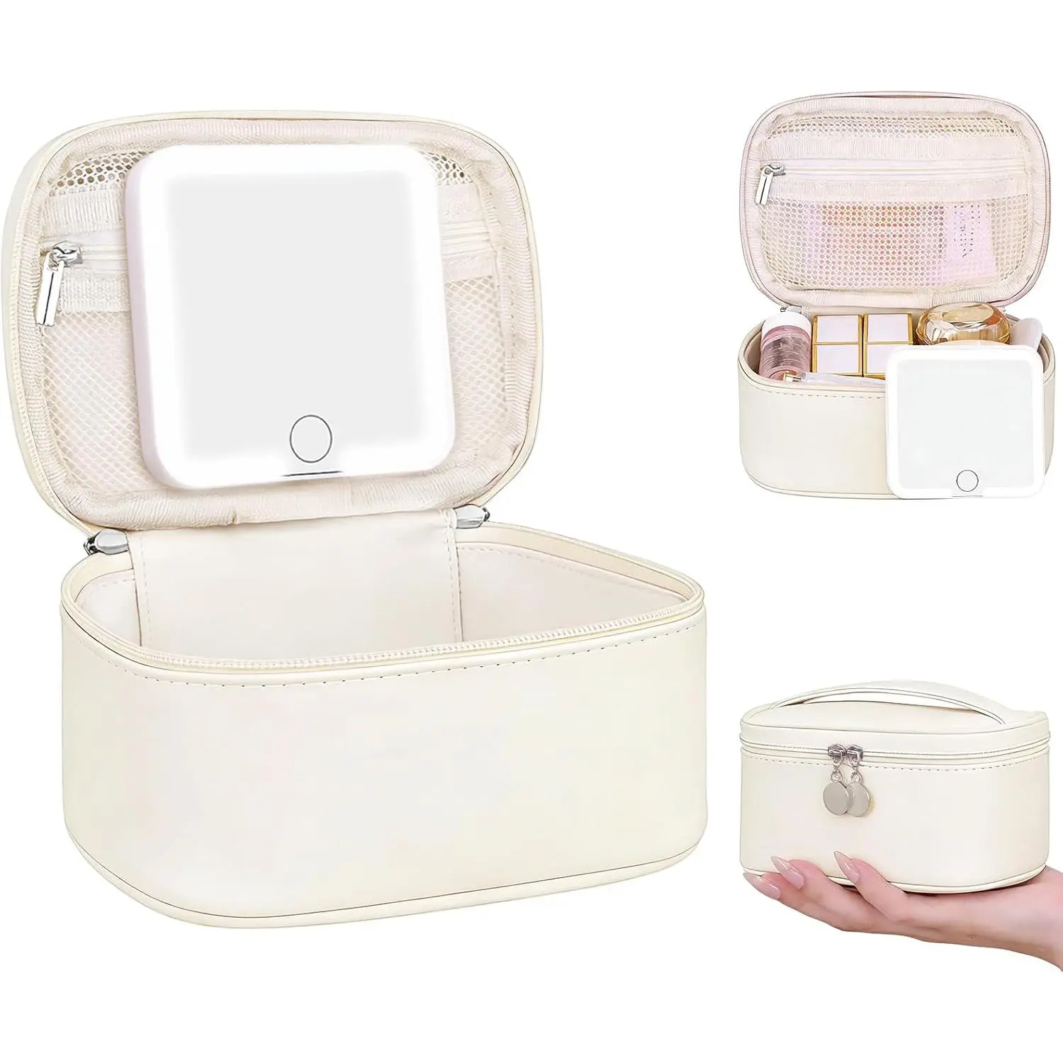 Beige PU Leather Mini Makeup Bag with LED Mirror, Waterproof Zip Pouch with 3 Light Modes, USB Rechargeable Portable Cosmetic Bag with Handle, Adjustable Brightness & Practical Design for Pool Parties|Work Touch-Ups