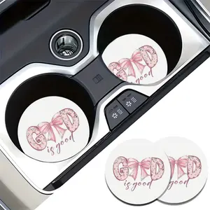 2pcs "GOD is good" Pink Bow Letter Coasters - Absorbent Non-Slip Car Cup Holders with Cute Christian Design, Durable PVC & , Soft Rubber Interior Accessories for Cars, Car Cup Holder | Playful Text Design | Durable Cup Holder