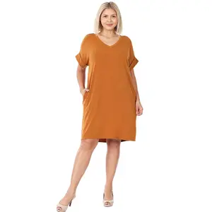 PLUS ROLLED SHORT SLEEVE V-NECK DRESS WITH SIDE POCKETS