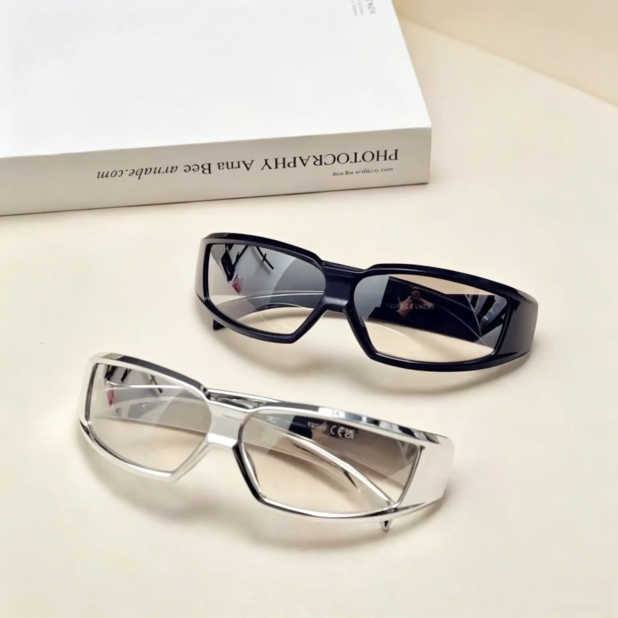 Sunglasses, Cool Tech-Feel Cyber Style, Square Reflective Silver Frame, Bar And Clubbing Glasses