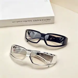Sunglasses, Cool Tech-Feel Cyber Style, Square Reflective Silver Frame, Bar And Clubbing Glasses