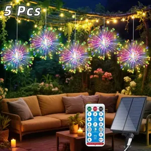 5-Piece LED Solar Starburst Lights Set, Remote Timer Fireworks Lamp, 8 Adjustable Modes Hanging Fairy Light, Outdoor Firework Lights for Garden Party Wedding Decor