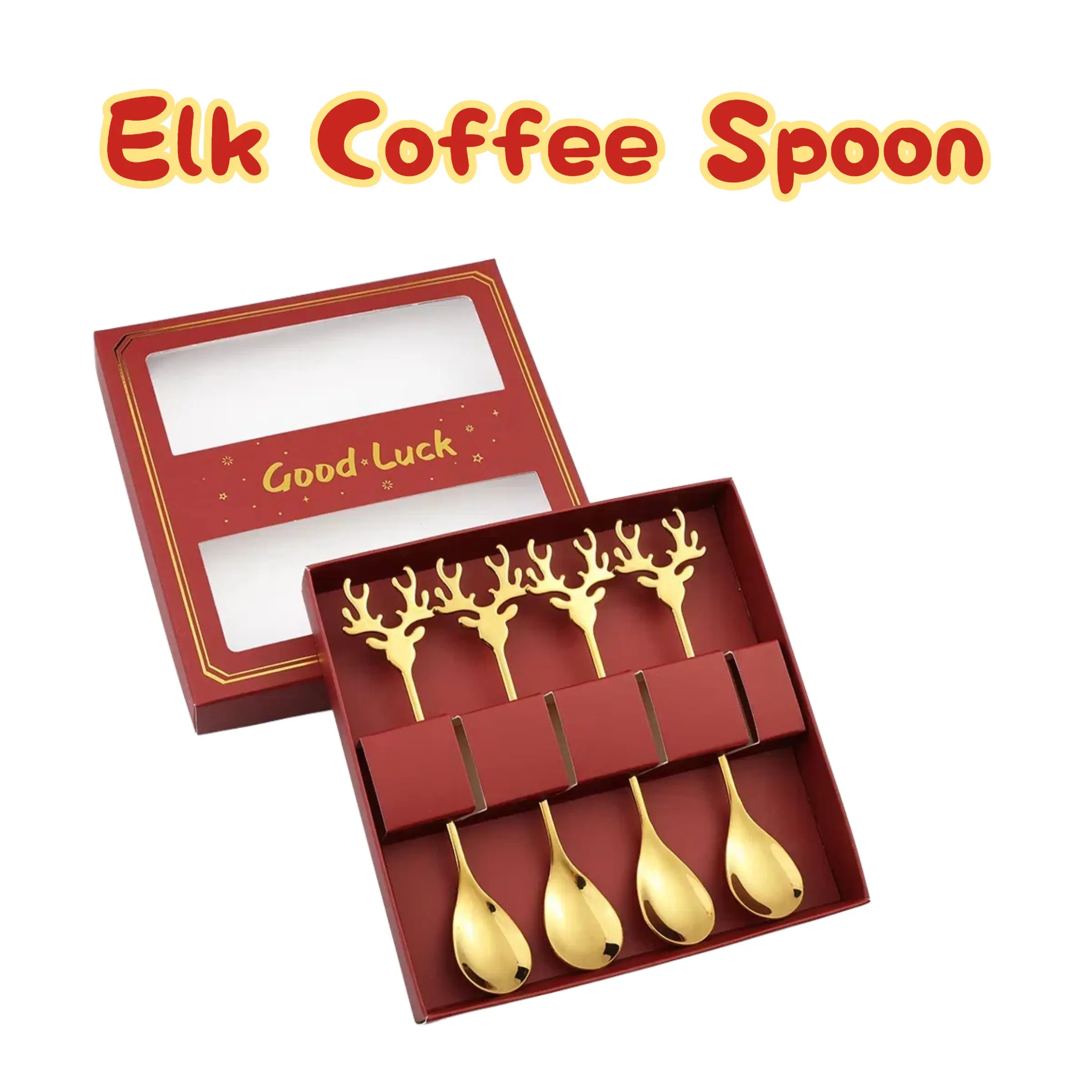 Set of 4 Cute Reindeer Stainless Steel Spoons, Perfect Dessert Stirring Spoons, Coffee Spoons, Elegant Gift Box Packaging, Ideal Christmas Present