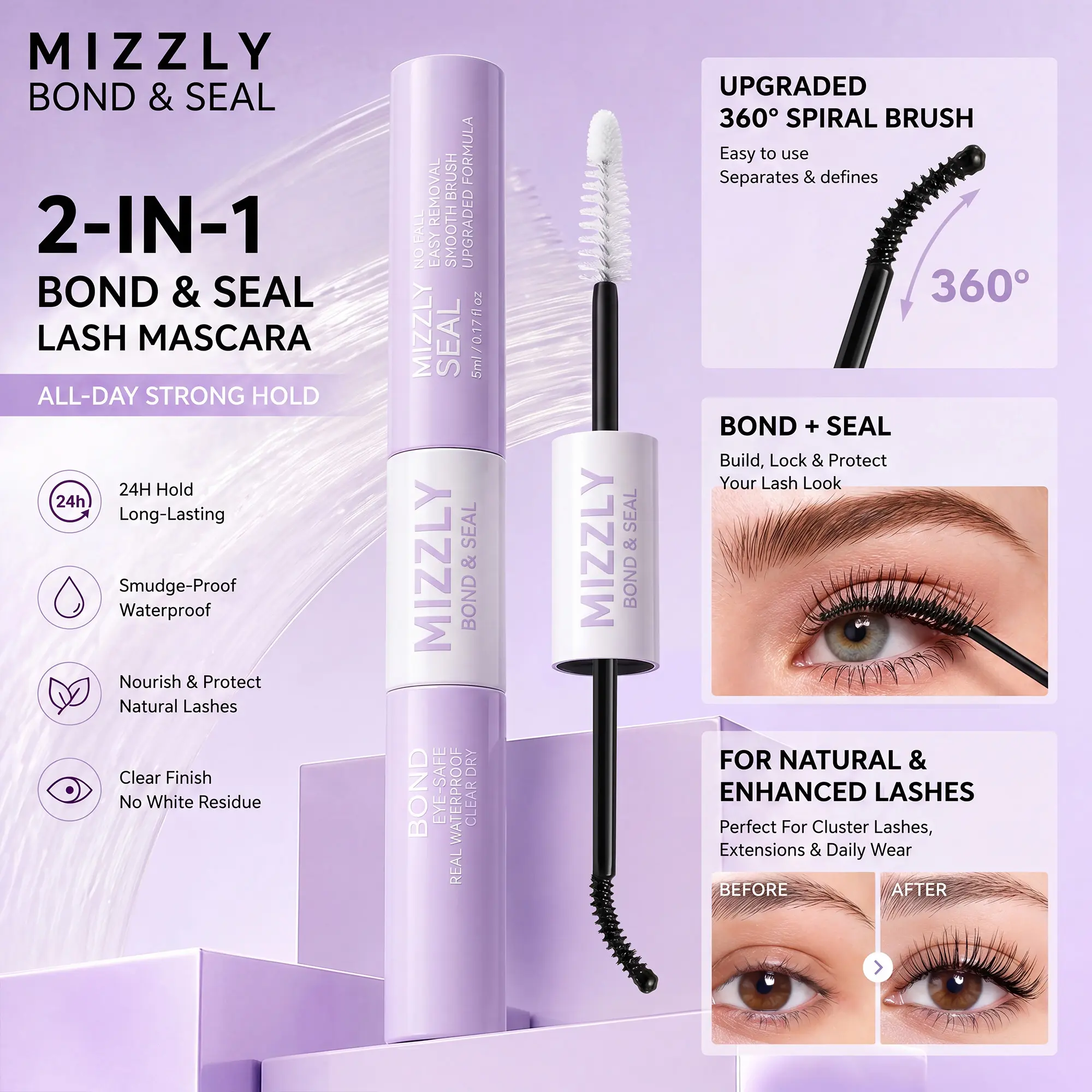 MIZZLY 2-in-1 Bond & Seal Lash Glue, Waterproof Lash Cluster Glue with Strong Hold Eyelash Adhesive, Long Lasting DIY Lash Extensions Glue for Beginners, Individual Cluster Lashes Application
