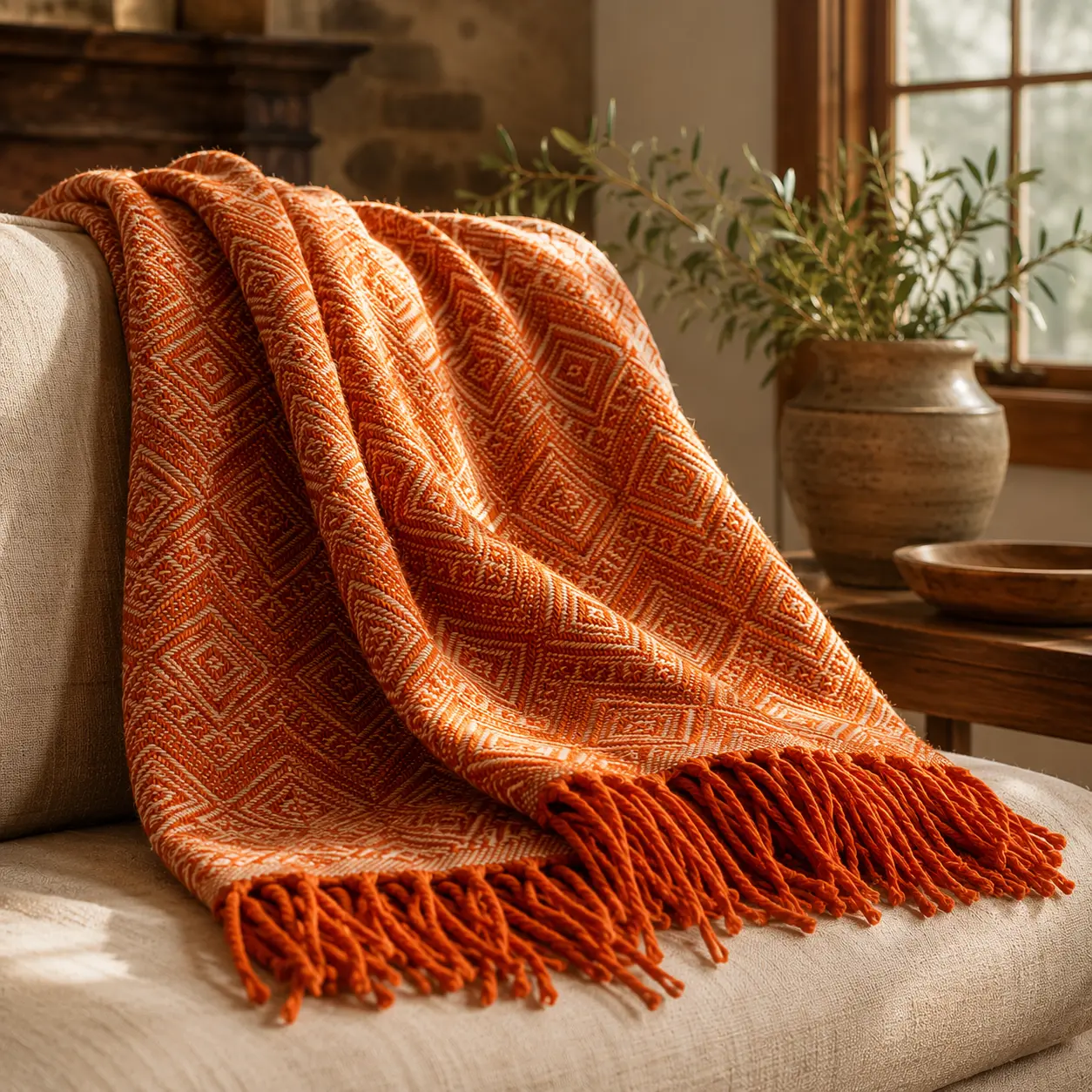 Terracotta Reserve Alpaca Throw Blanket (Beige & Orange)