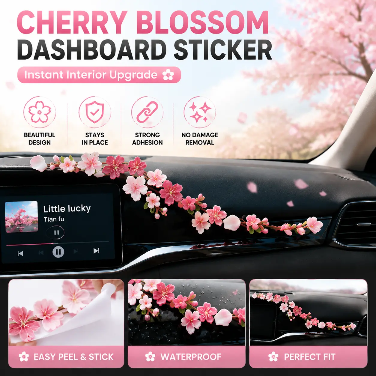 Cherry Blossom Car Dashboard Sticker, Floral Interior Decor Decal, Cute Aesthetic Car Accessories