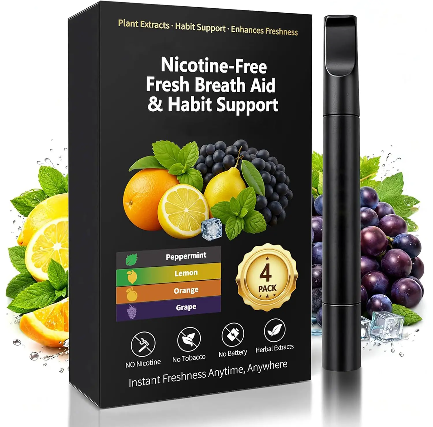 [Popular new model] Natural Herbal Air Stick, Smokeless Inhaler, Non-Electric Aromatherapy Air Inhaler for Men Women (Black-4 Pack)