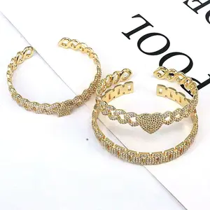 Hip Hop 18K Gold Plated Copper Micro Pave Zirconia Heart Star Geometric Hollow Cuban Link Open Bangle Bracelet for Women Infinity Sparkle Cuff Jewelry