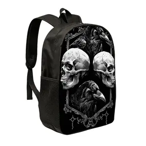 Durable Water Resistant Single Kids Backpack, Lightweight 600D Oxford School Daypack with Vintage Gothic Raven & Twin Skull Ornate Frame Full Print, Breathable Padded Strap Large Capacity Dark Punk Casual Bookbag for Gothic Style Teen Fans