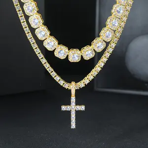 Cross Iced Hip Hop Necklace Set Sparkling Cuban Chain Stacked Men's Punk Rock Rapper Jewelry in Zinc Alloy for Men's Fashion