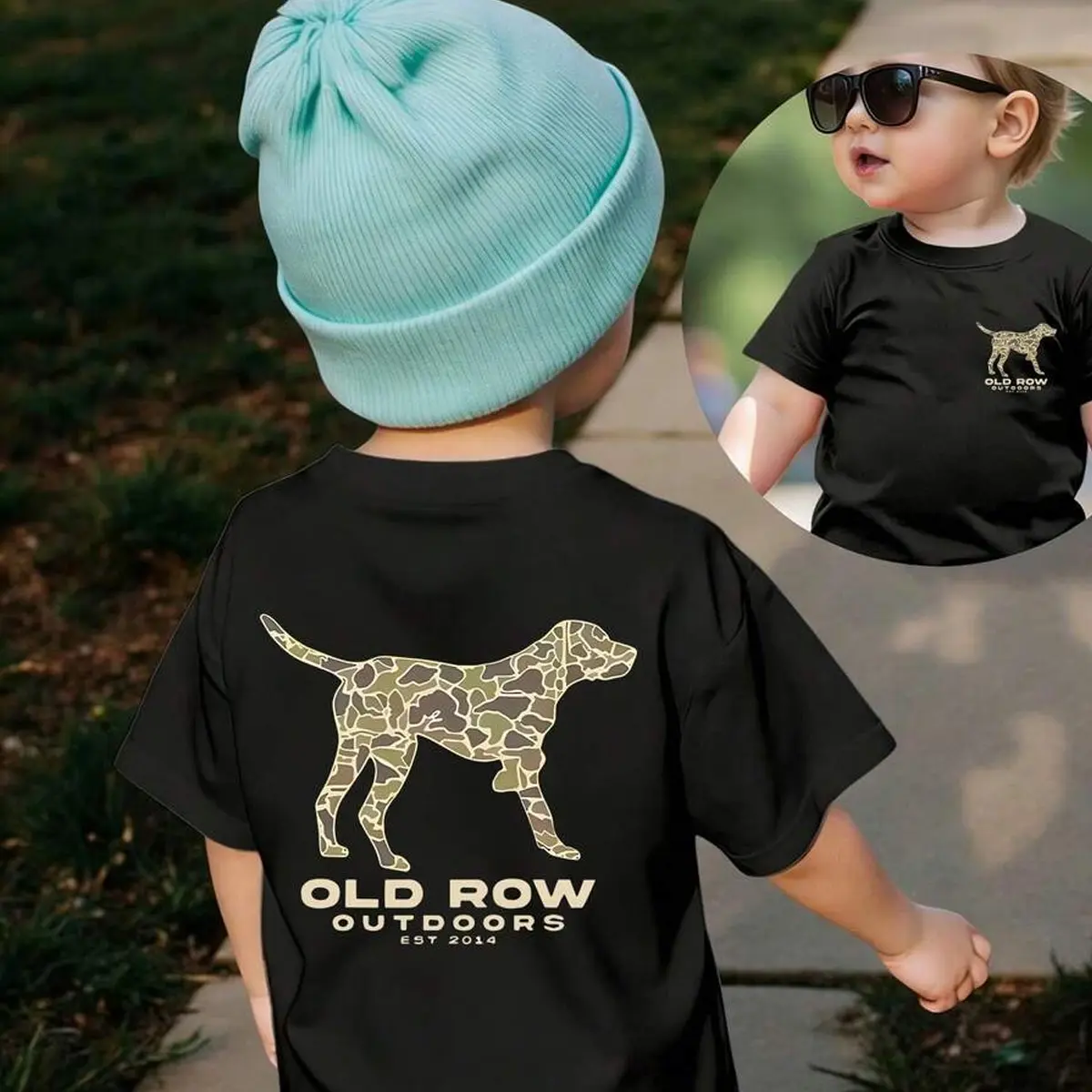 Oldrow Outdoor Dog Hunting Toodler Kids Tee, Camouflage Dog Silhouette Pattern Southern Boy Tshirt / Country Boy Shirt / South shirt, Hunting Season Toddler Shirt, Chocolate Lab Dog Mallard Tee