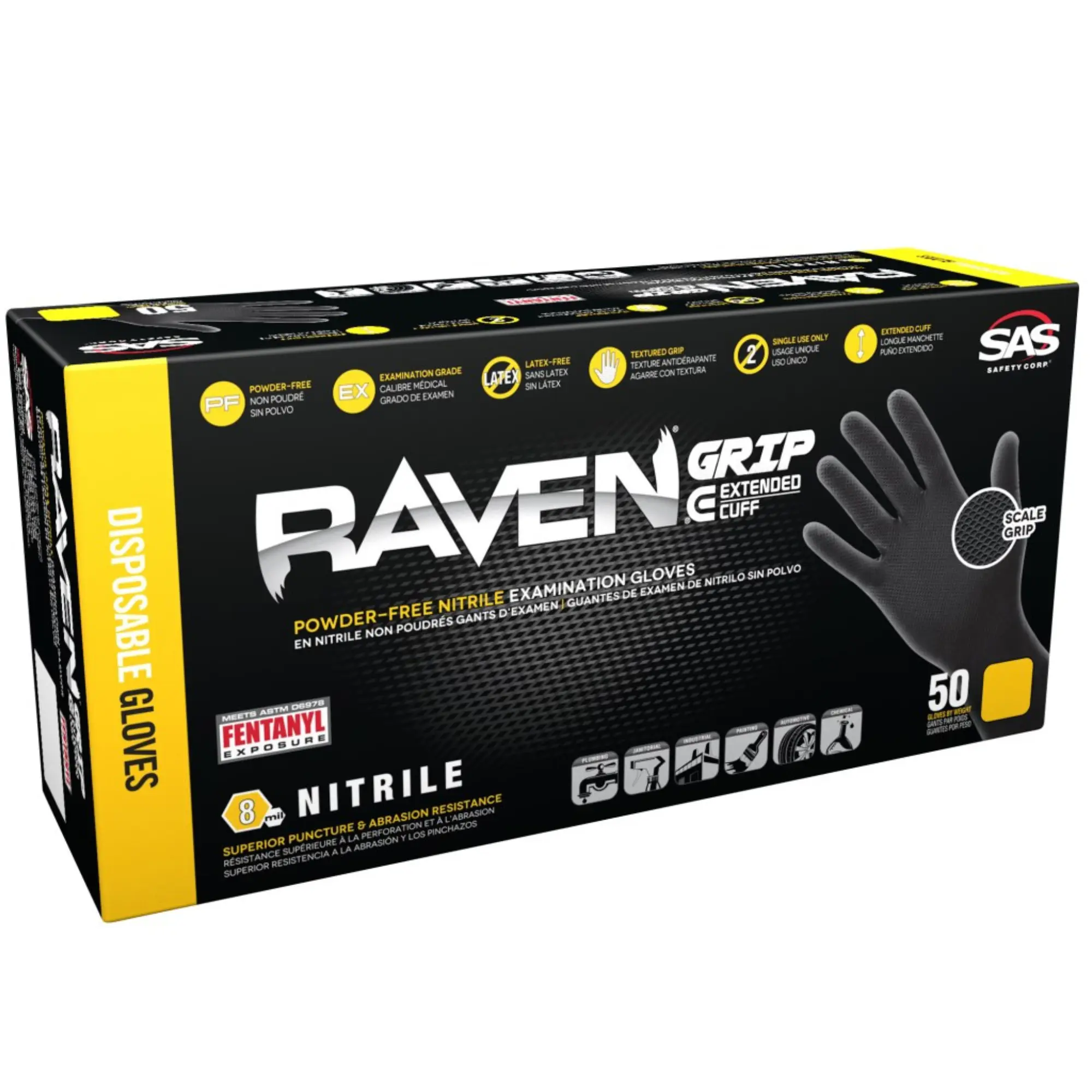 Sas Safety Raven Grip Extended Cuff Powder-Free Nitrile Exam Grade Disposable Gloves - 8 Mil