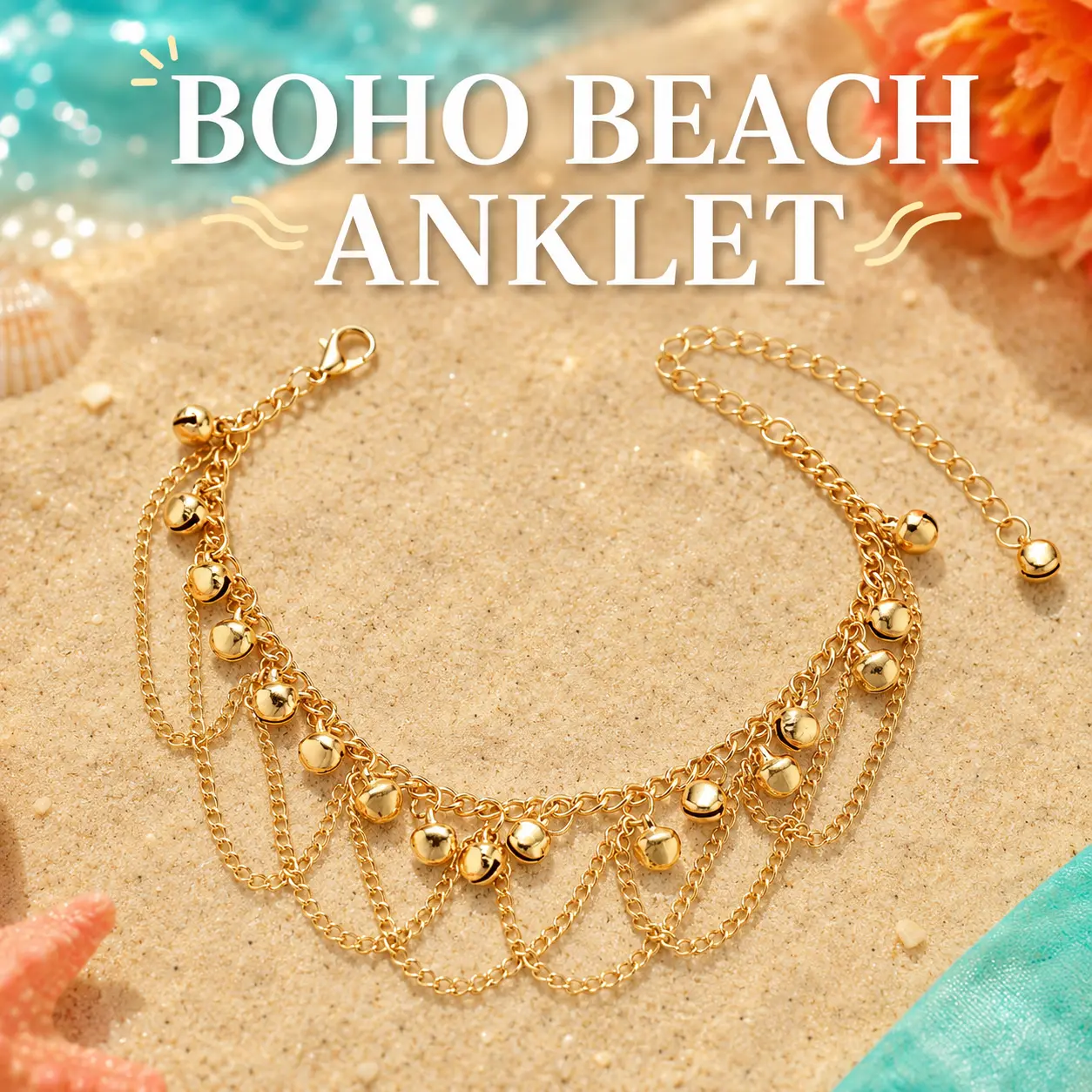Boho Layered Bell Anklet for Women, Gold/Silver Tone Adjustable Beach Foot Jewelry, Summer Vacation Chain Charm Anklet