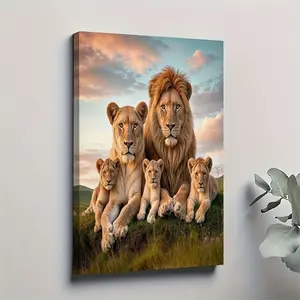 1pc Resting Lion Family Scene Oil Painting - Majestic Lion and Cub with Mother Wall Art, Solid Wood Frame, 11.81 x 17.72inch, Perfect Decoration for Living Room, Dining Room, Office or Patio, Lion Wall Decor