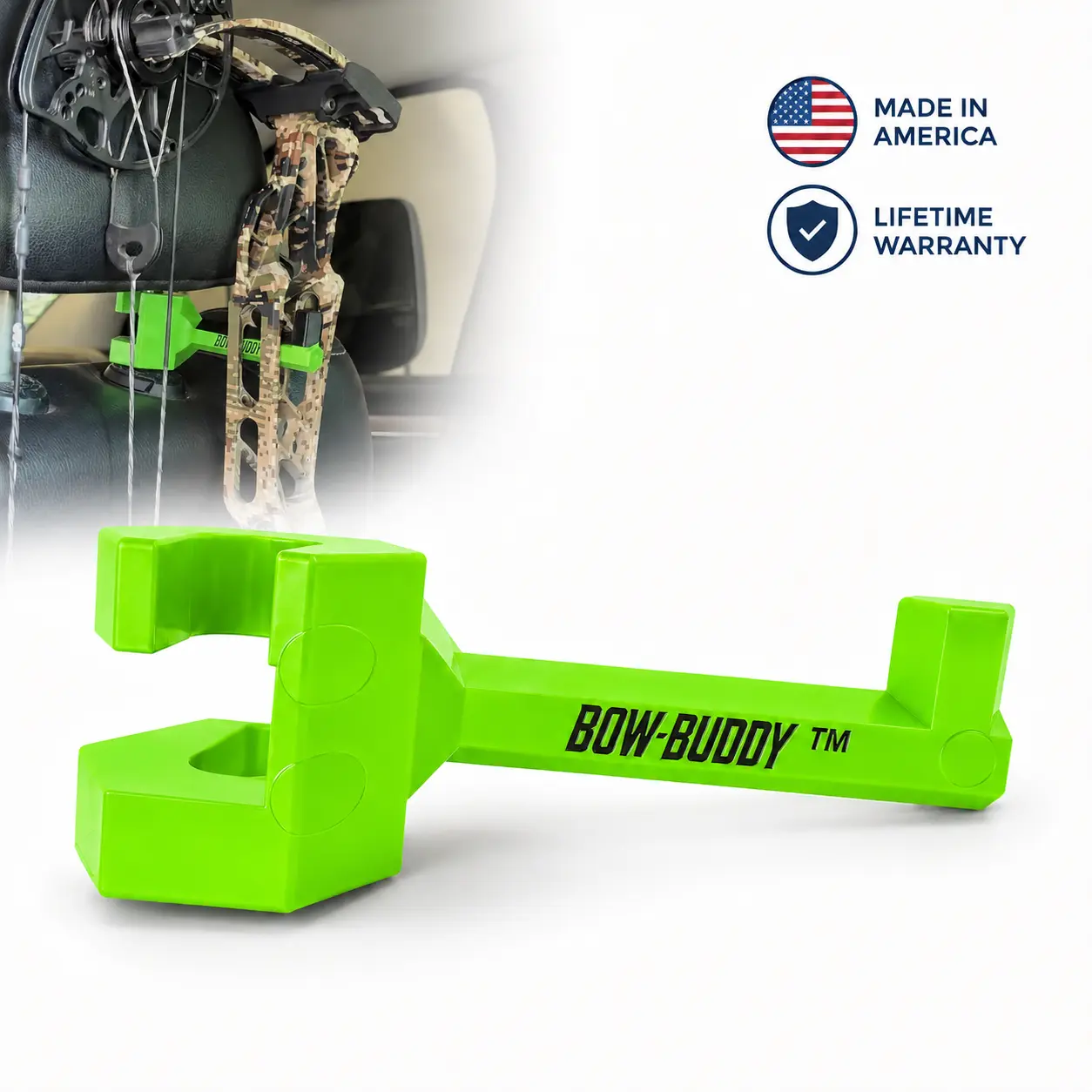 Bow Buddy PRO Vehicle Headrest Archery Gear Hanger, Truck Accessory with Rubber Bow Guard, Curved Fit, Keeps Gear Upright Within Easy Reach