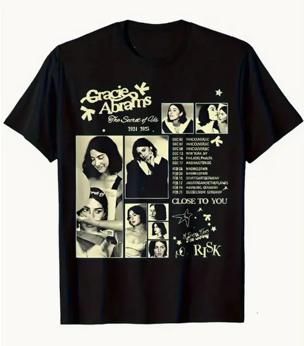 Gracie Abrams The Secret Between Us Graphic Print T-Shirt- Black, Crew Neck, Regular Fit, Unisex Art Collage Design, Soft And Breathable All-Season Casual Music Style Decorative Shirt