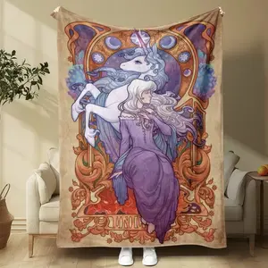 Unicorn & Girl Art Style Flannel Blanket, Vintage Fantasy Throw, Warm Home Decor, Perfect Gift for Friends, Party, Sofa, Bedroom, Living Room
